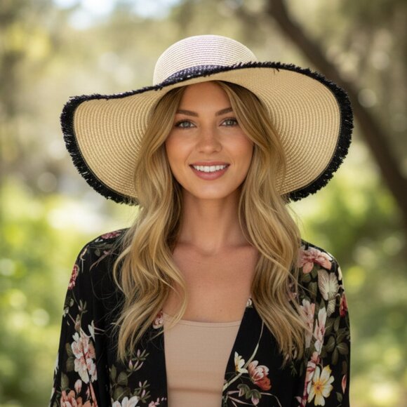 Accessories - NEW Raffia Wide Brim Sunhat with Black Trim Hat OS NWT